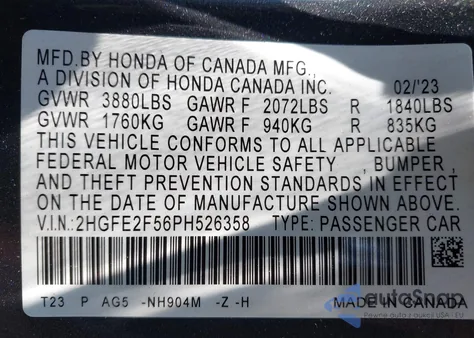 2023 Honda Civic Sport из США, поврежденный, VIN 2HGFE2F56PH526358